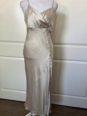 ZARA Beige Gold Satin Slip Maxi Long Spaghetti Strap Dress Size XS